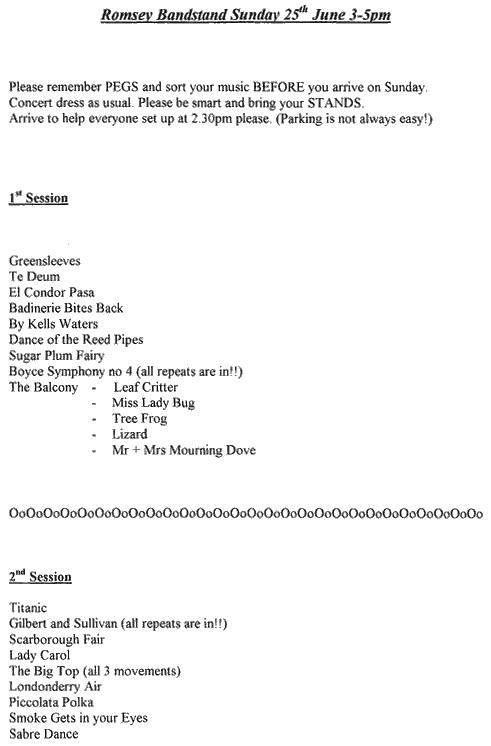 Running order for Romsey Bandstand, 25th May 2006