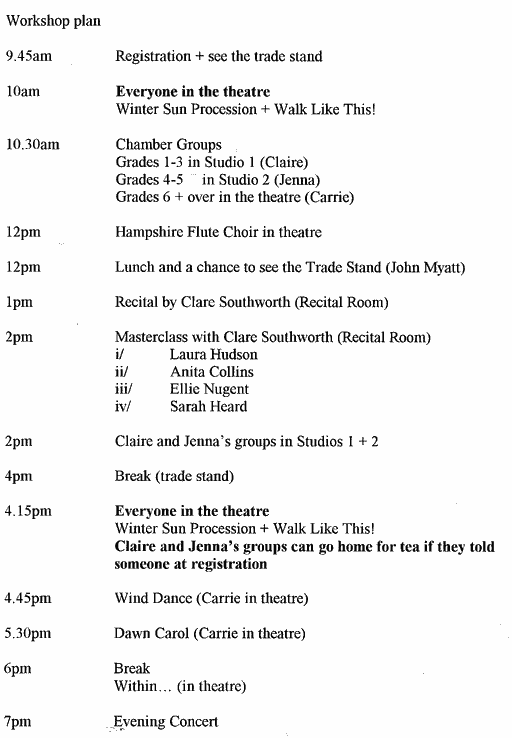 Programme for Flute Extravaganza workshops, 14th October 2010