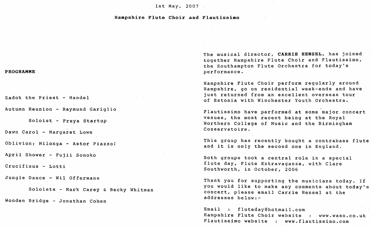 Programme for Winchester Cathedral concert, 1st May 2007