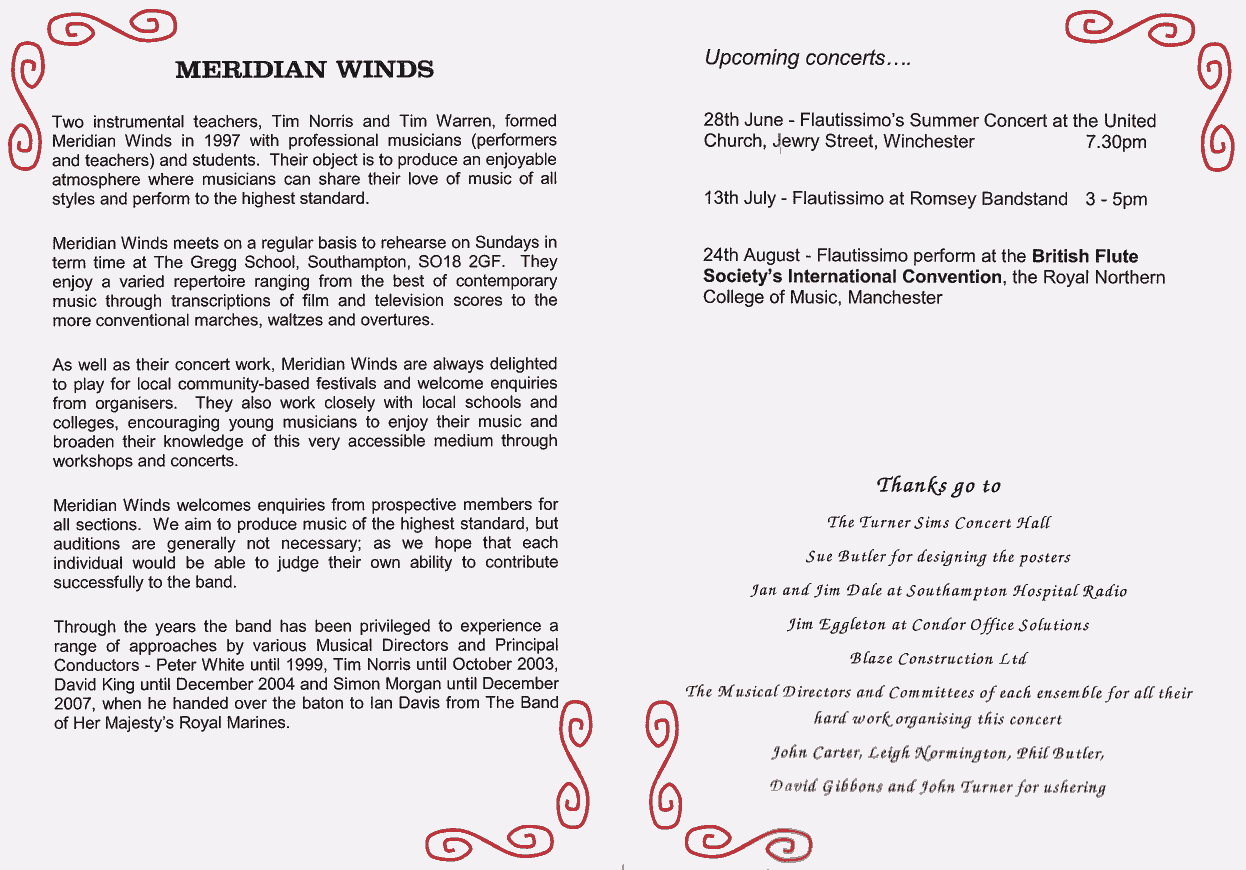 Programme for Turner Sims concert with Meridian Winds, 29th March 2008
