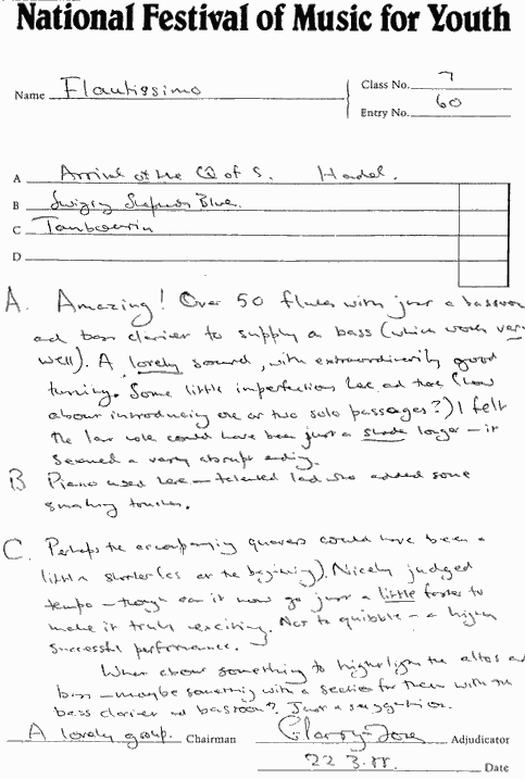 National Festival of Music for Youth adjudicator comments, 22nd March 1988