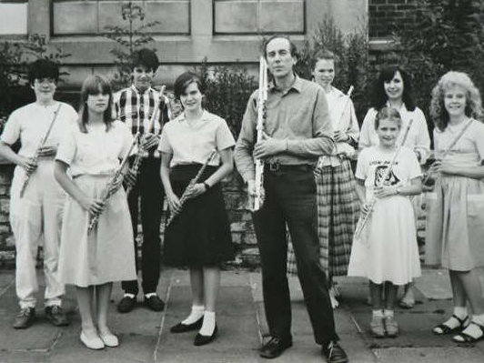 An early publicity shot for Flautissimo taken outside of St Barnabas' church hall, Lodge Road. (photograph kindly provided by Sarah Prescott)